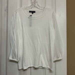 Catherine Malandrino Lightweight White Pullover Sweater With Sheer Sleeves Large